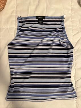 Express Striped High-Neck Tank in Light Blue, Navy & White
